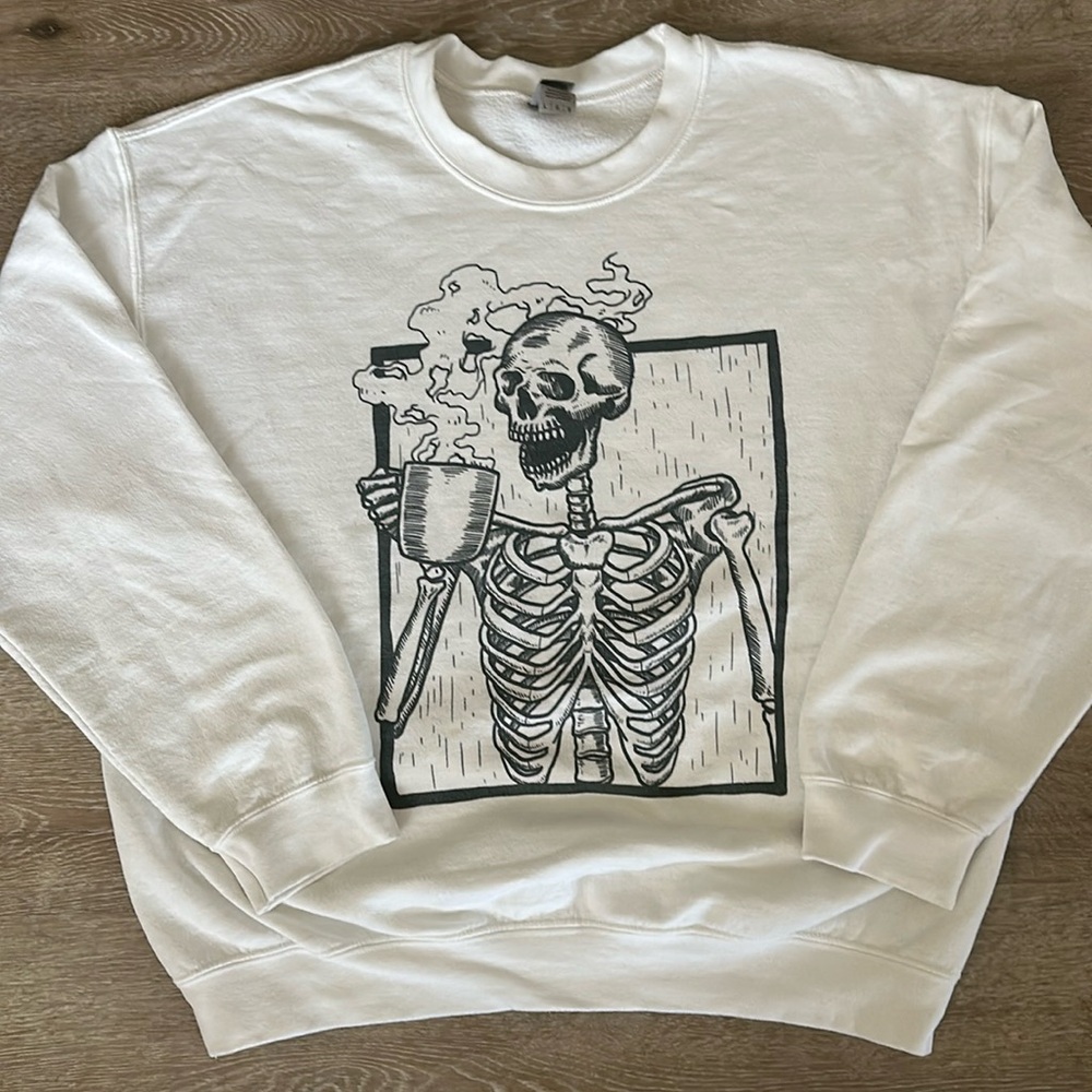 Skeleton drinking coffee crew neck